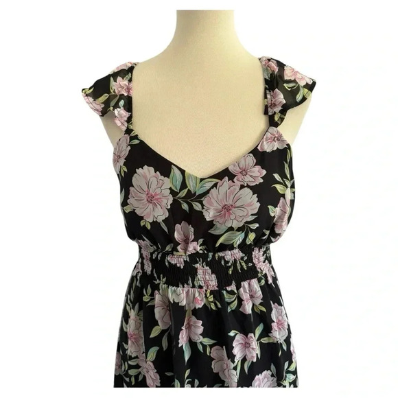 NWOT No Boundaries Juniors Hi Low Black Pink Floral Sheer Ruffle Dress Size L - Picture 4 of 15